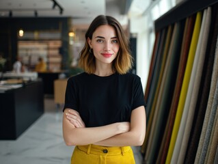 A young woman stands with her arms crossed in a stylish interior design store filled with colorful fabric samples. Bright natural light enhances the contemporary atmosphere.