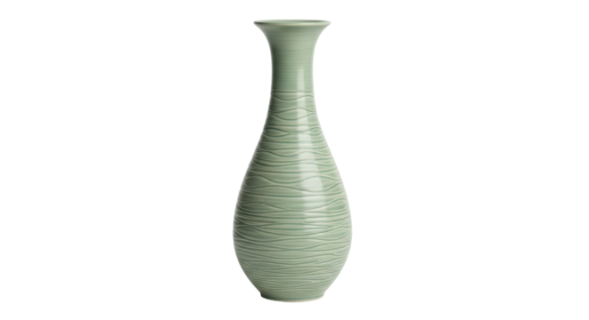 Isolated celadon vase with textured surface and long neck studio shot home decor object