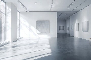 Fototapeta premium Minimalist art gallery with white walls and large windows allowing natural light to cast shadows on polished floor, creating calm and serene atmosphere