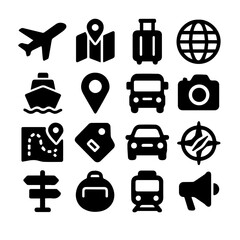 Travel & Navigation Icon Set – 16 Solid Silhouette Icons (Airplane, Map, Globe, Car, Location, Camera, Ship)