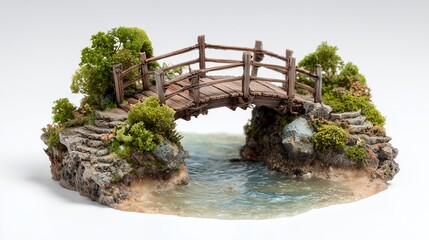 An ancient stone bridge spans a tranquil river surrounded by a lush forest and summer sky