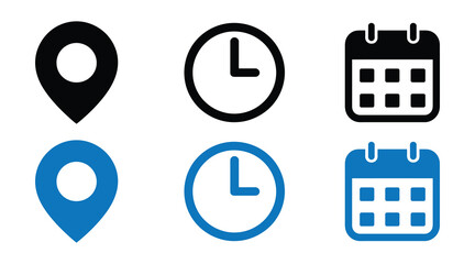 Collection of six icons representing location, time, and calendar, with three black icons and three blue icons, isolated on white background