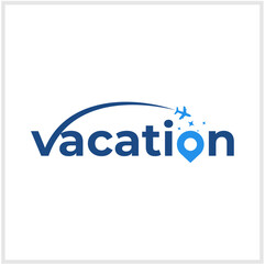 Blue vacation wordmark logo with an airplane flight path and a destination pin. Vector graphic design for travel and tourism branding identity