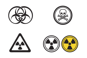 Radiation sign, biohazard sign and toxic sign set vector . Set of hazard danger yellow and black vector signs symbol. Danger, warning icon set. Silhouette and outline style. Vector illustration.