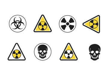 Radiation sign, biohazard sign and toxic sign set vector . Set of hazard danger yellow and black vector signs symbol. Danger, warning icon set. Silhouette and outline style. Vector illustration.