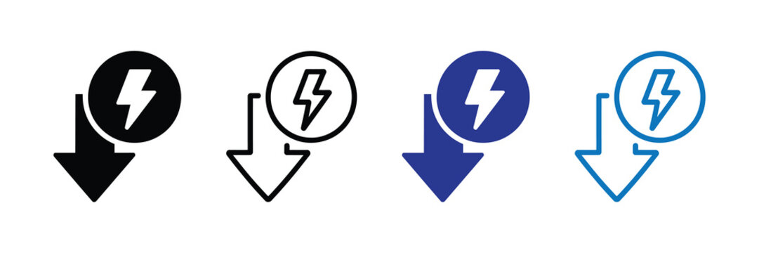 Set of four icons representing a downward arrow combined with a lightning bolt symbol, indicating a decrease in power or energy, isolated on white background