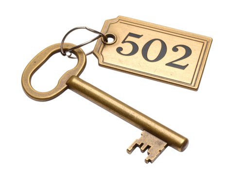  Elegant Brass Room 502 Key with Rectangular Tag, Angled Side View, Isolated