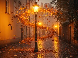 A warmly lit autumn street at dusk, with golden leaves swirling around a historic lamppost and scattered on wet cobblestones, reflecting light.