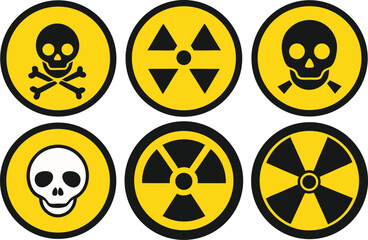 Radiation sign, biohazard sign and toxic sign set vector . Set of hazard danger yellow and black vector signs symbol. Danger, warning icon set. Silhouette and outline style. Vector illustration.