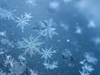 A macro shot of intricate, delicate snowflakes on a frosty blue surface, with some in sharp focus and others softly blurred in the background.