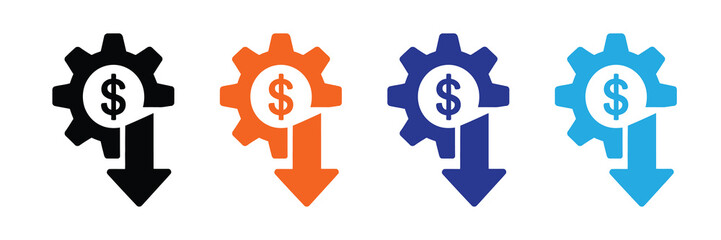 Set of four icons representing financial loss or cost reduction, with a dollar sign inside a gear and a downward arrow, isolated on white background