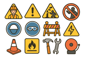 Safety symbols and icons for workplace hazard identification and management in construction environment, cartoon vector illustration, safety signs, hazard awareness, risk prevention