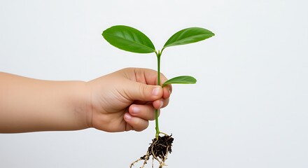 Child's hand holding a small green plant with roots and soil child hand seedling