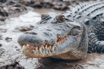 Obraz premium Crocodile resting near muddy water in its natural habitat during the day in a tropical region