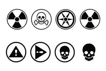 Radiation sign, biohazard sign and toxic sign set vector . Set of hazard danger yellow and black vector signs symbol. Danger, warning icon set. Silhouette and outline style. Vector illustration.