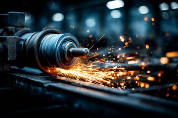 Metalworking process at a factory showcasing sparks flying from a grinding wheel in a dimly lit workshop