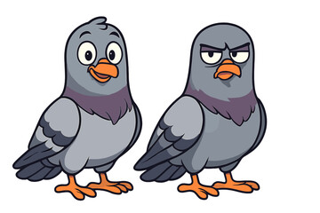 Two cartoon pigeons standing side by side with distinct expressive faces, vibrant vector illustration, playful bird characters in colorful style, transparent background vector art