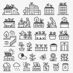 Obraz premium Vector line icon set illustrating the concept of a green city with urban agriculture, rooftop gardening, and sustainable living