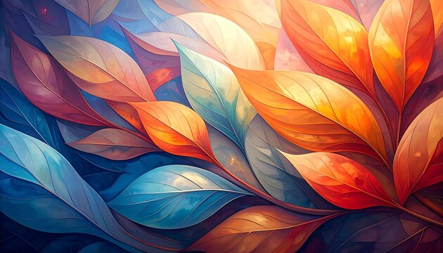 Vibrant, stylized leaves in autumnal colors, contrasted with cool blues, creating a textured, artistic background - Powered by Adobe