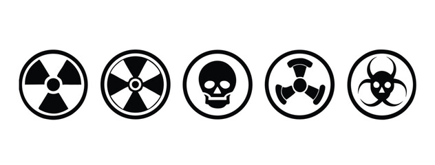 Radiation sign, biohazard sign and toxic sign set vector . Set of hazard danger yellow and black vector signs symbol. Danger, warning icon set. Silhouette and outline style. Vector illustration.