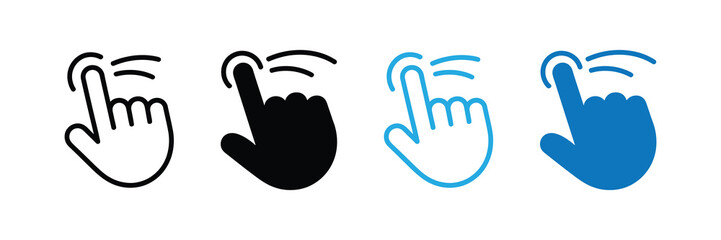 Set of four hand cursor icons representing touch gestures, including outline, black, blue outline, and solid blue, isolated on white background