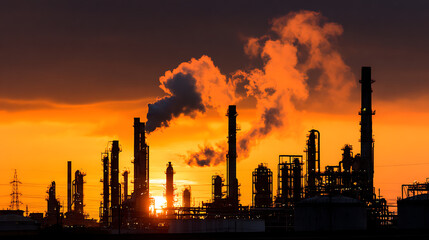 Fototapeta premium A dense network of pipes and storage tanks silhouetted by a sunset, with light smoke drifting from tall smokestacks
