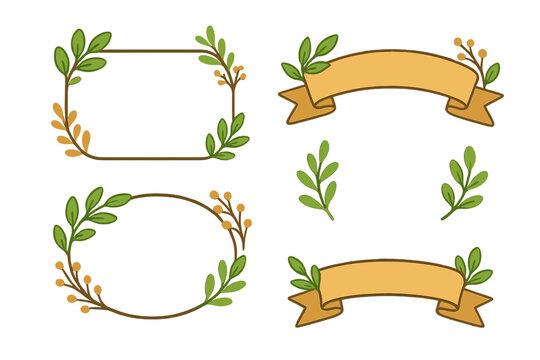 Decorative vector frames and banners with natural floral and leaf elements, elegant flat design for versatile creative projects, invitations, cards, and branding with transparent background