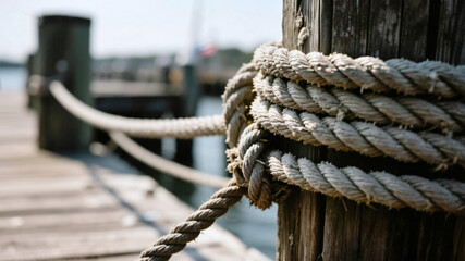 Columbus Day Thick nautical rope securely tied to weathered wooden post on a sunny day, hinting at maritime adventure and coastal journeys.