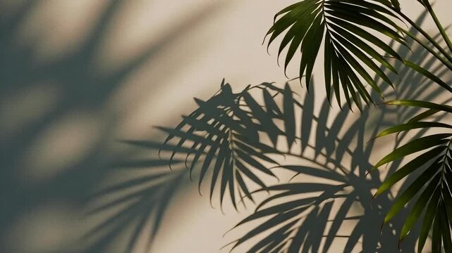 Sunlight casts dappled palm leaf shadows on a textured wall, evoking a peaceful, tropical ambiance.