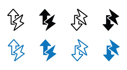 Set of eight icons representing data transfer, upload, download, and synchronization, in black and blue, isolated on white background