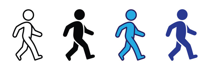 Four stylized stick figure icons representing people walking, in black, white, dark blue, and light blue, isolated on white background