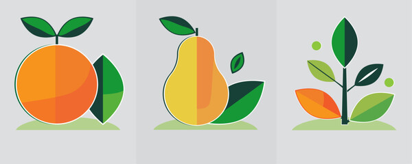 Healthy Eco Food with Fresh Fruits. Vegan Organic Fruits Illustration. Eco Friendly Healthy Eating Vector.  Fresh Vegan Food and Fruits. Organic Fruits and Healthy Vegan Diet.