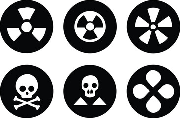 Radiation sign, biohazard sign and toxic sign set vector . Set of hazard danger yellow and black vector signs symbol. Danger, warning icon set. Silhouette and outline style. Vector illustration.
