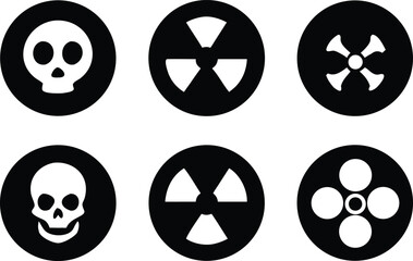 Radiation sign, biohazard sign and toxic sign set vector . Set of hazard danger yellow and black vector signs symbol. Danger, warning icon set. Silhouette and outline style. Vector illustration.