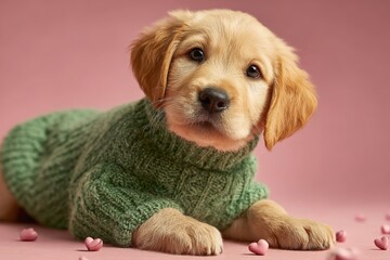 Cute golden retriever puppy wearing green sweater on pink background with heart shapes during indoor photoshoot