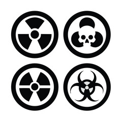 Radiation sign, biohazard sign and toxic sign set vector . Set of hazard danger yellow and black vector signs symbol. Danger, warning icon set. Silhouette and outline style. Vector illustration.