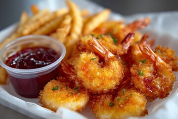 Shrimp served with fries and dipping sauce at a casual dining location during midday