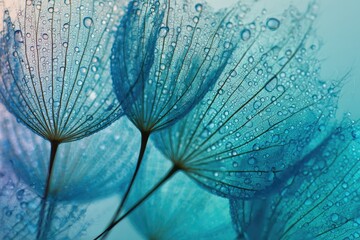 Delicate, light-blue dandelion seed heads covered in water droplets