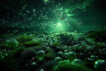Fototapeta premium Bubbles and droplets create a captivating green underwater landscape at night