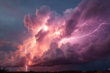 Fototapeta premium Dramatic thunderstorm unleashes vibrant lightning against twilight sky in rural landscape