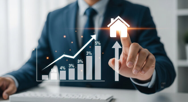 Businessman pointing at a rising graph and house icon indicating real estate growth property