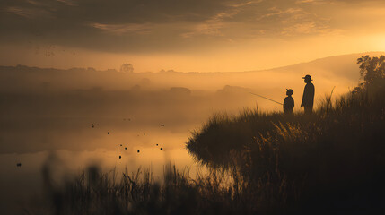 Fototapeta premium Father and son fishing by a tranquil lake at sunrise, enjoying a peaceful morning outdoors and creating lasting memories together