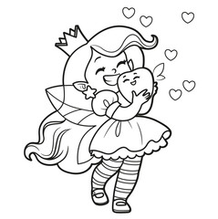 Cute cartoon tooth fairy holding a baby tooth in hands outlined for coloring on white background