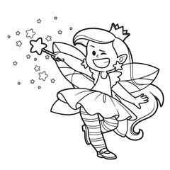 Cute cartoon fairy princess casts spell with magic wand outlined for coloring page isolated on white background