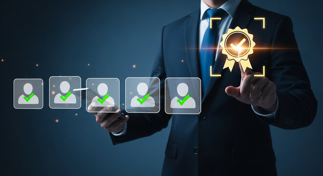 Businessman selecting approved candidate from a line of user icons selection approval
