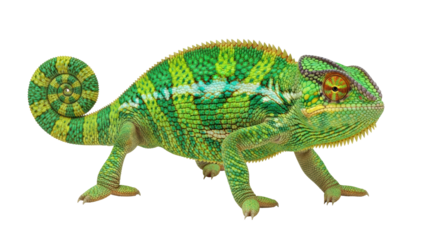 Isolated Panther Chameleon, reptile with curled tail, arboreal lizard, green and yellow skin