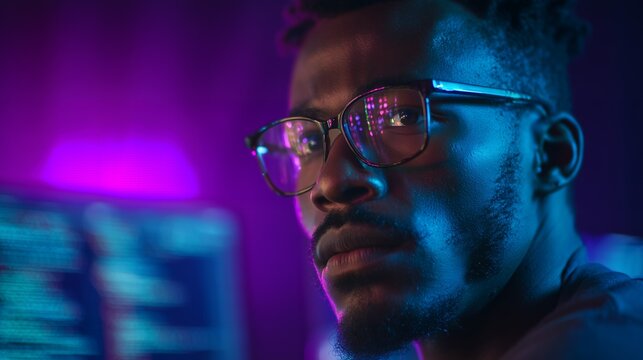 Focused African American man wearing glasses with a screen reflection under neon lighting, concept for software development, cybersecurity and tech innovation