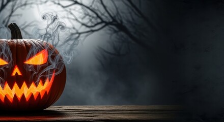 Spooky Halloween Pumpkin: A carved pumpkin emits a haunting glow, its menacing expression and swirling smoke creating a chilling atmosphere.