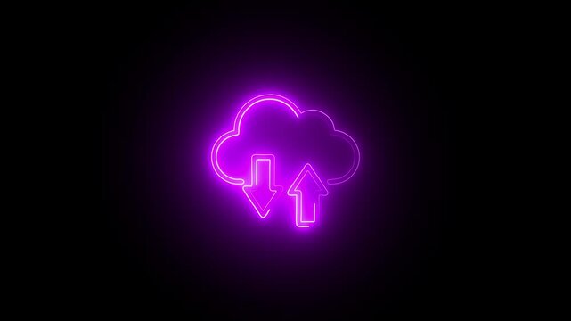 Purple neon cloud upload and download arrows icon on black background cloud computing