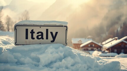 Snow covered road sign Italy in winter alpine village at sunset, wooden chalets and mountains in background, travel destination and symbol of 2026 Winter Olympic Games in Italy